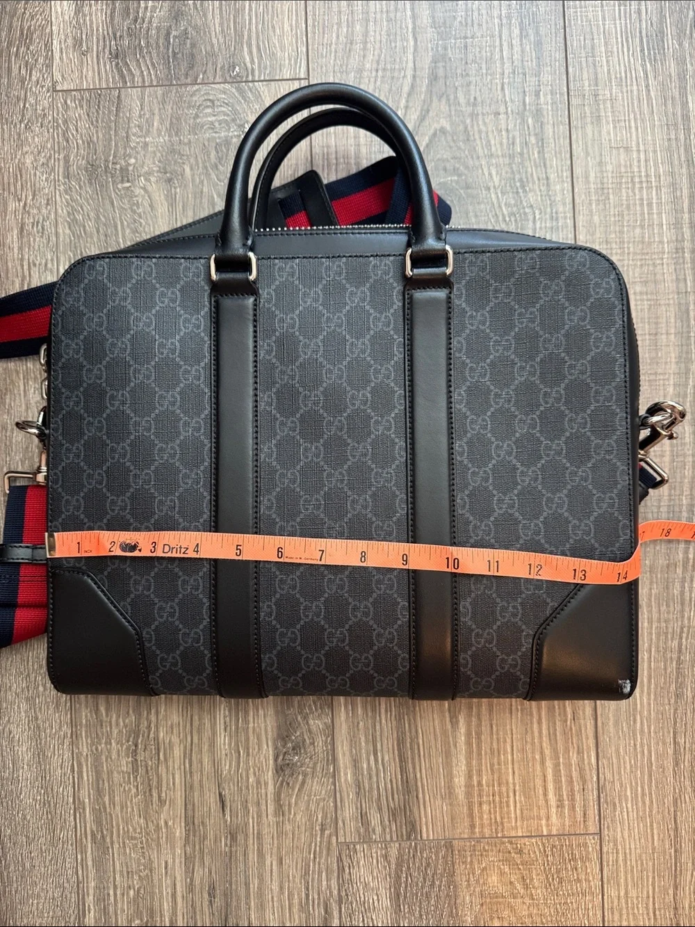 Gucci Men's Black-Gray GG Supreme Laptop Briefcase with Red-Blue Web Strap